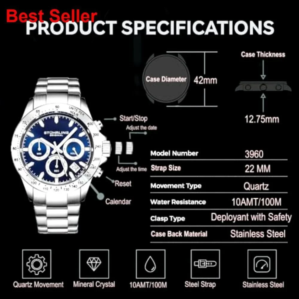 Men's Chronograph Watch Stainless Steel Bracelet Water Resistant 100M